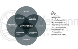 Espectro de sintomas associados à dor crônica, impactos físicos e psicológicos. Fonte: MONTAGNER, Patrícia; DE SALAS-QUIROGA, Adán. Tratado de Medicina Endocanabinoide.1. ed. WeCann Endocannabinoid Global Academy, 2023.