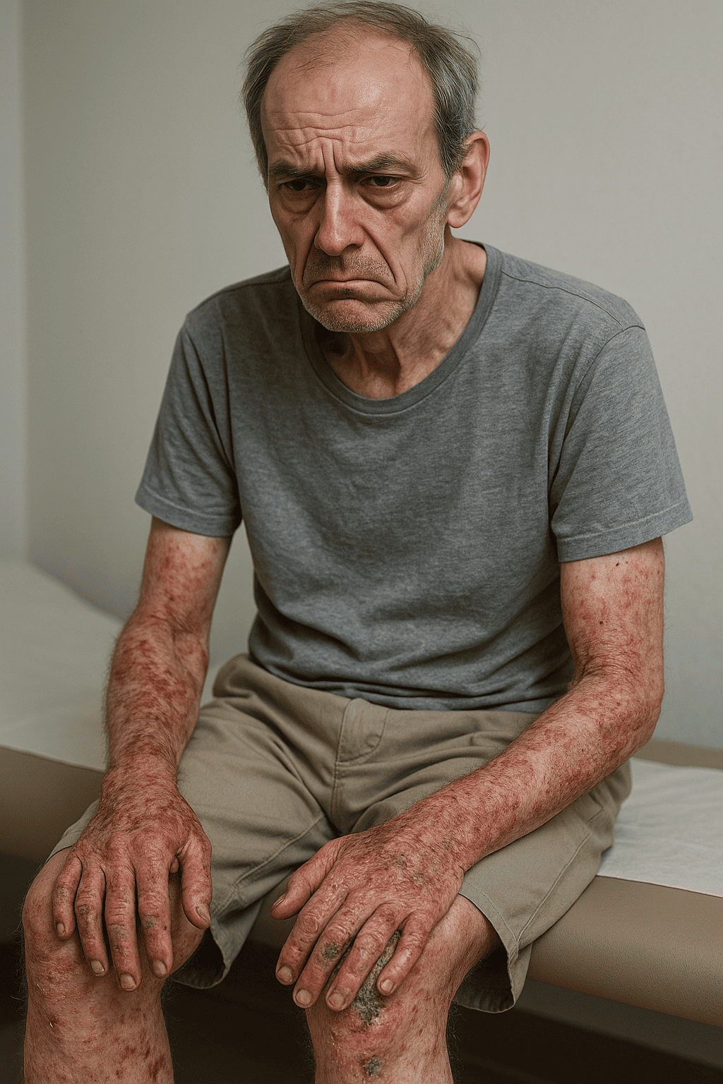 Paciente emagrecido, com faceis de melancolia e irritabilidade. Com lesões espalhadas no corpo.