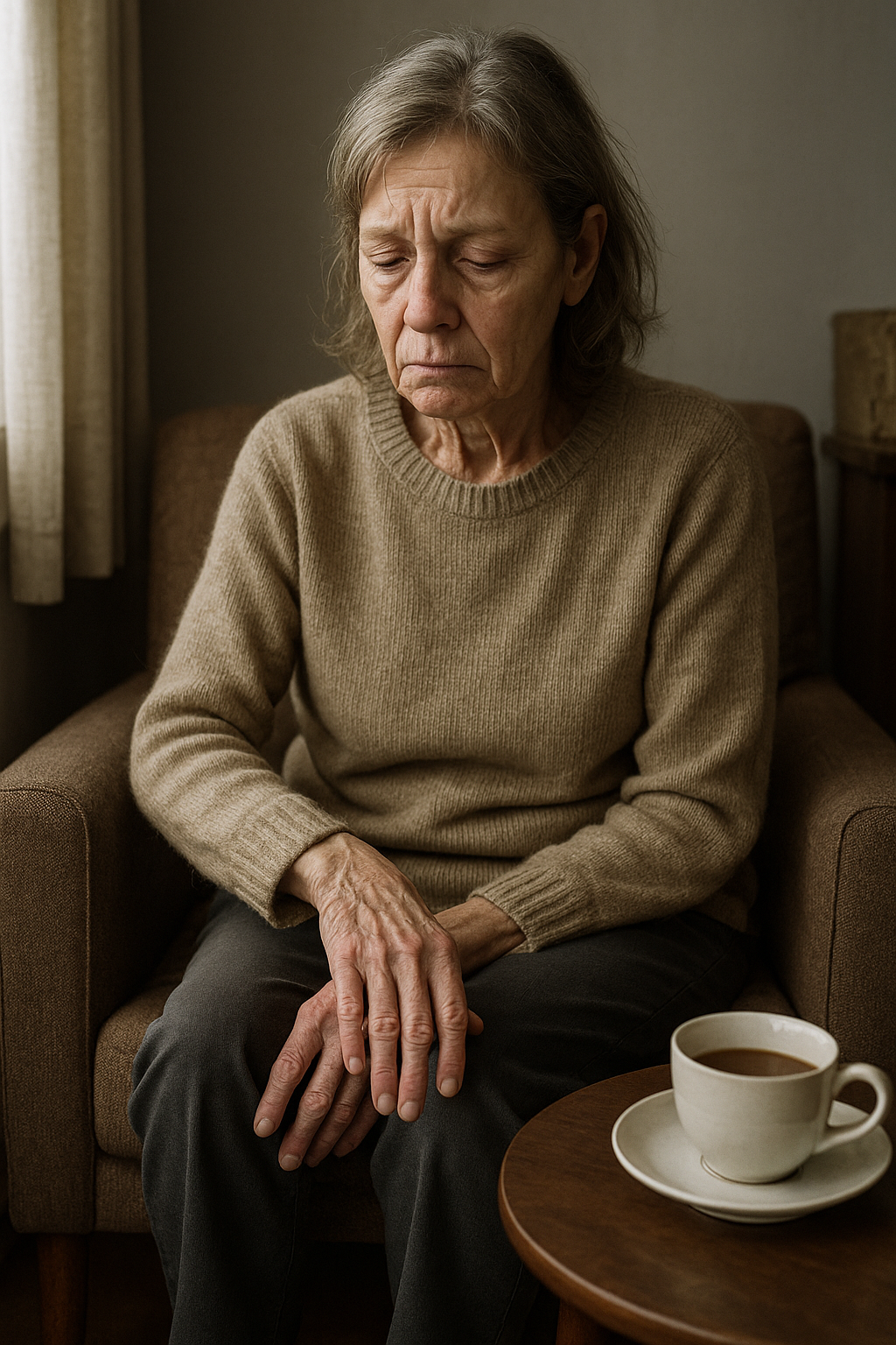 Paciente com Doença de Parkinson, com aparência cansada, feições tristes e expressão de ansiedade.