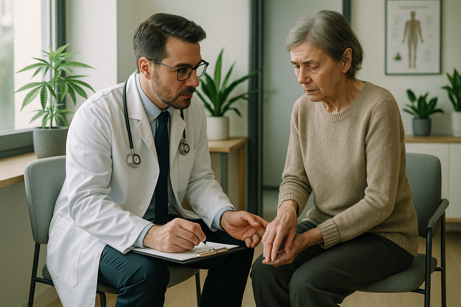 Paciente com Doença de Parkinson sendo avaliada durante consulta médica.