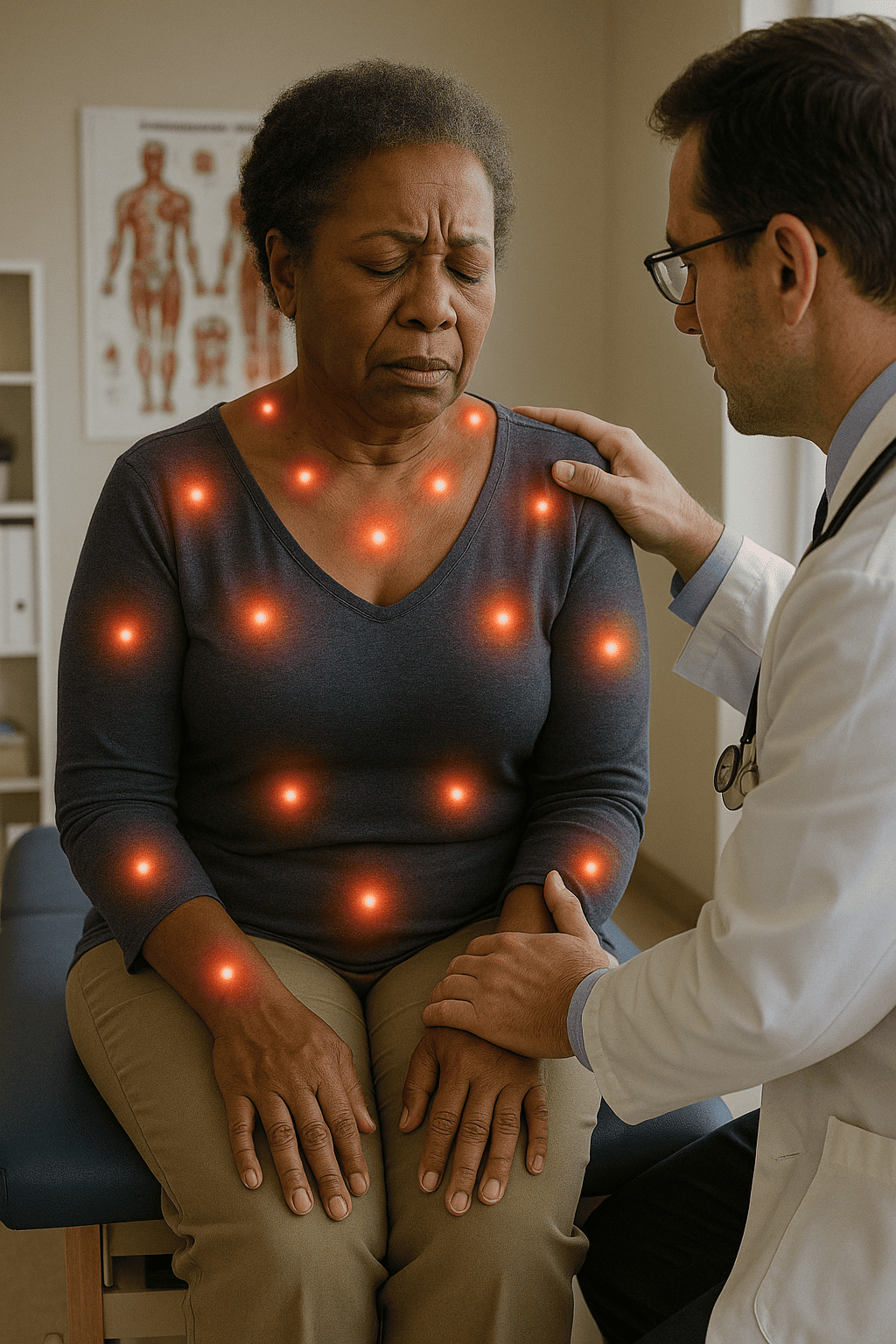 Paciente durante a consulta médica com a ilustração de alguns dos tender points