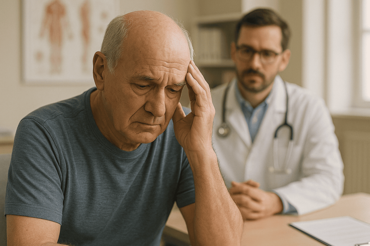 Paciente triste devido a sua condição durante a consulta médica