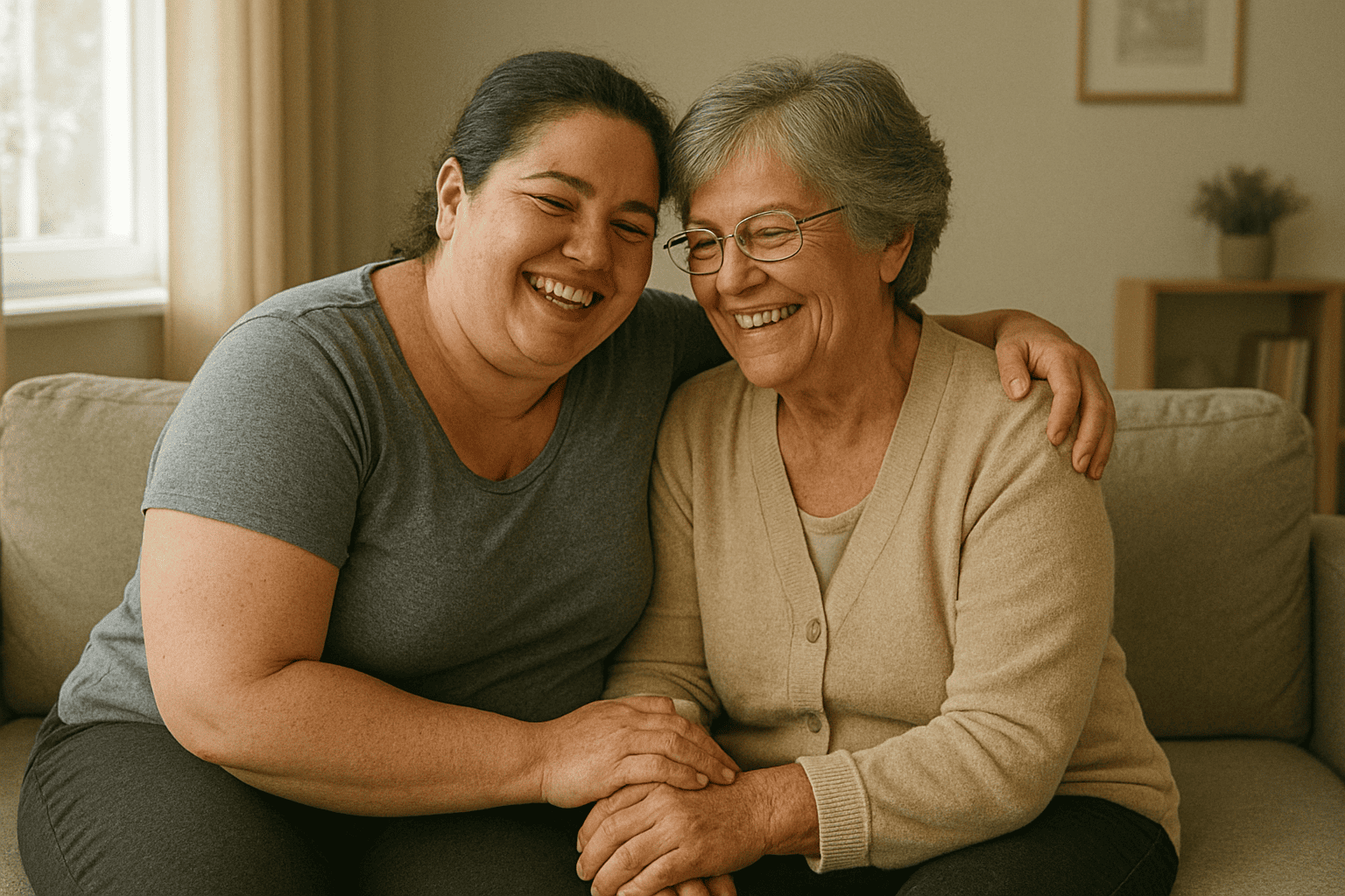 Paciente feliz ao lado da sua mãe após o sucesso do tratamento prescrito
