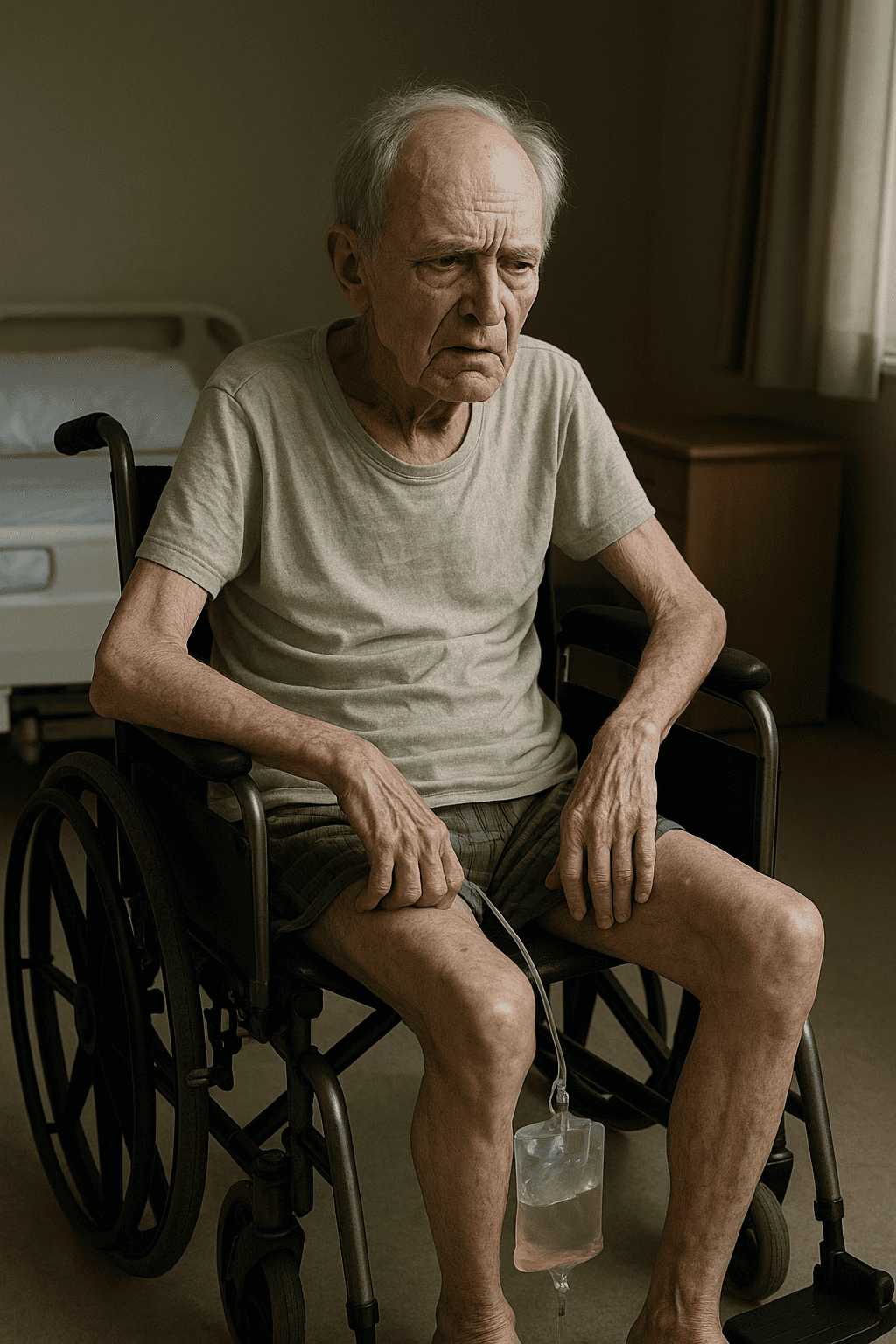 Paciente com sarcopenia avançada, debilitado e em uso de cadeira de rodas