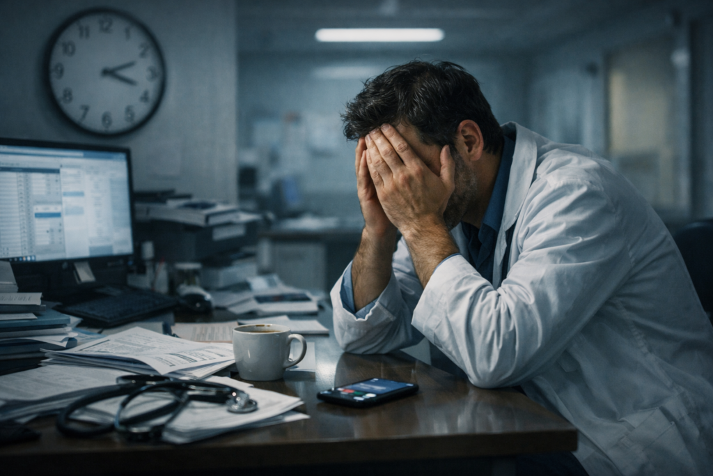 Medico exausto em meio ao caos